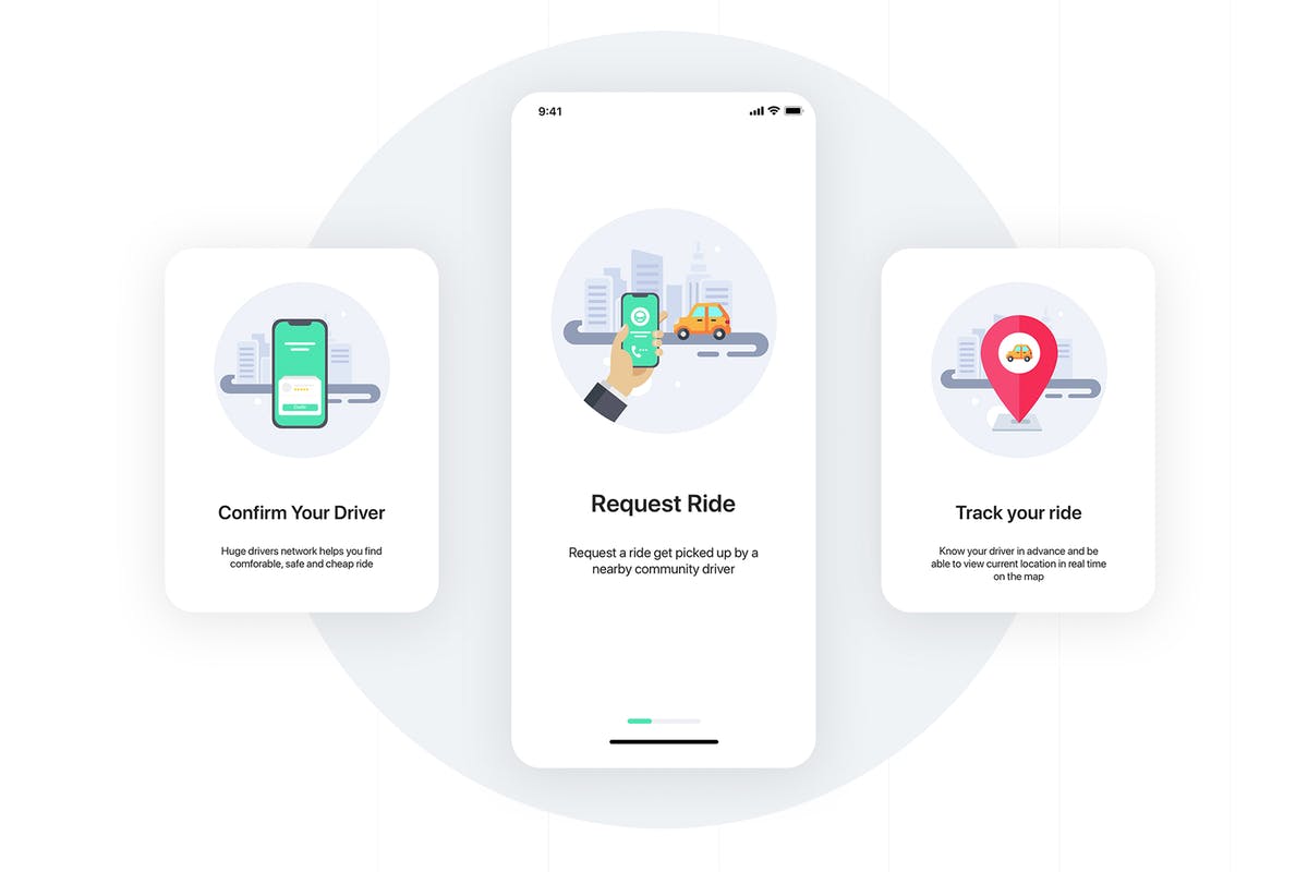 出租车打车软件APP启动界面概念插画 3 Onboarding screens concept for Taxi apps.