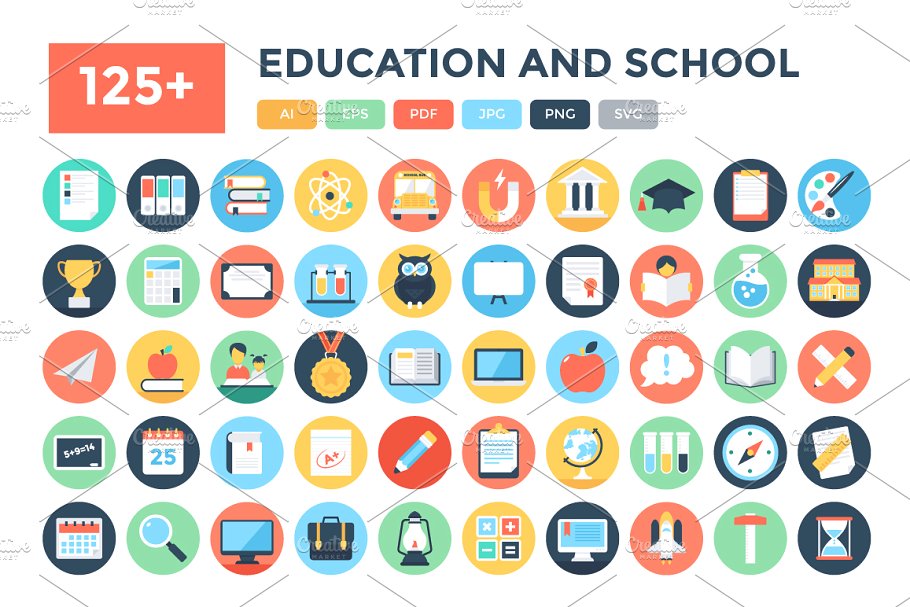 125+枚教育&学校主题图标 125+ Flat Education and School Icons