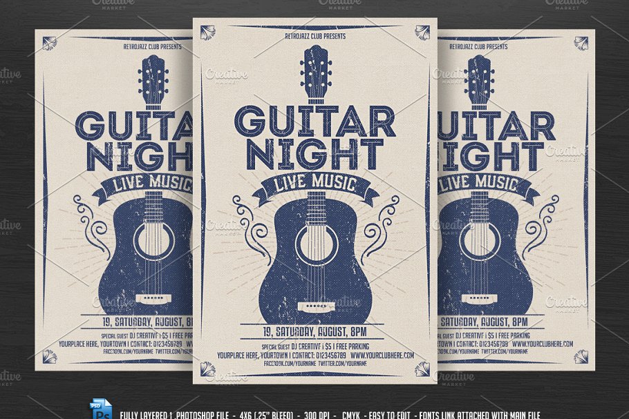 复古吉他之夜音乐活动传单模板 Guitar Night-Vintage Music Flyer