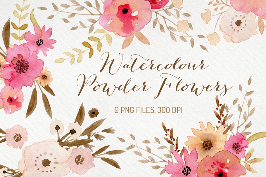 水彩少女粉彩色花卉剪贴画合集 Watercolour Powder Flowers