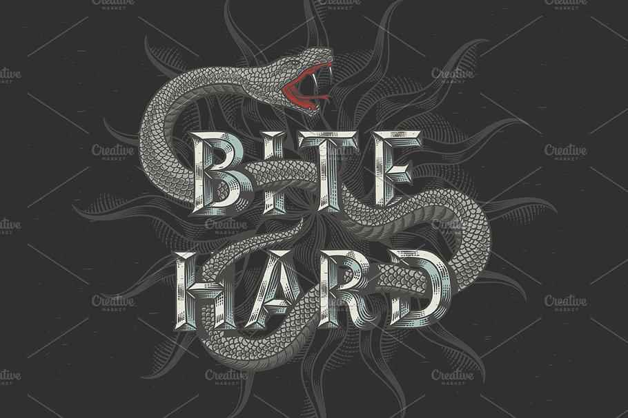 毒蛇纹身设计矢量图案 Bite Hard vector tattoo design