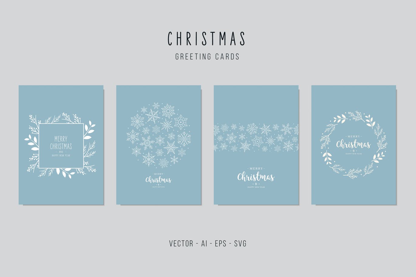 雪花&植物手绘图案圣诞节贺卡矢量设计模板集v2 Christmas Greeting Vector Card Set