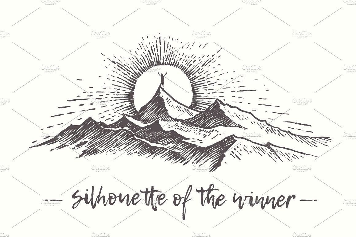 日落西山与人意境素描剪贴画 Man on the top of the hill