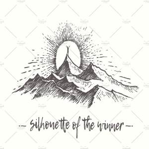 日落西山与人意境素描剪贴画 Man on the top of the hill