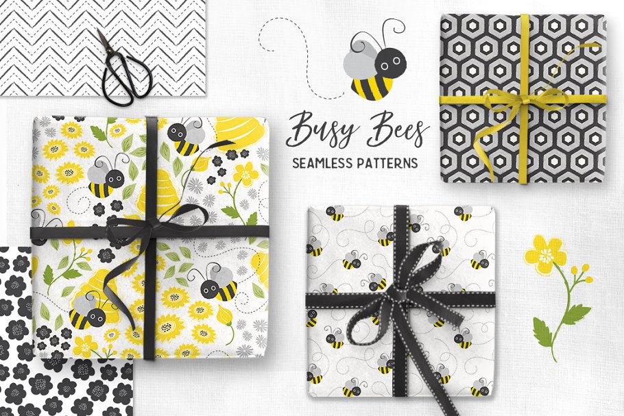 宝贝蜜蜂几何无缝矢量图案 Baby Bees Seamless Patterns