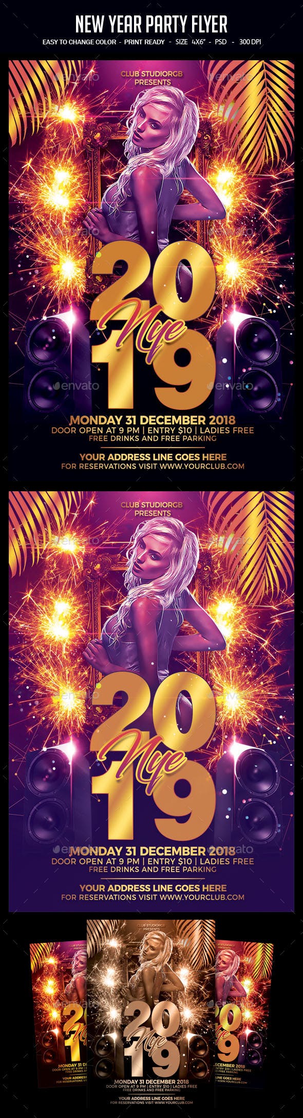 2019年新年派对海报模板 New Year Party Flyer [psd]