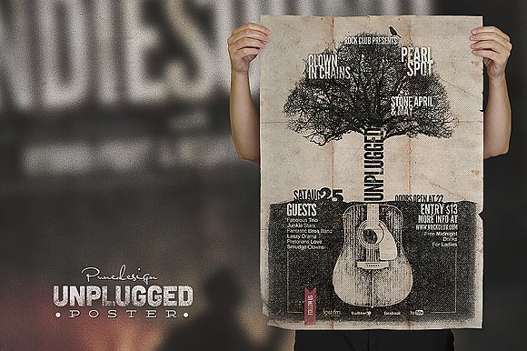 复古做旧吉他音乐会宣传单模板 Unplugged – Poster