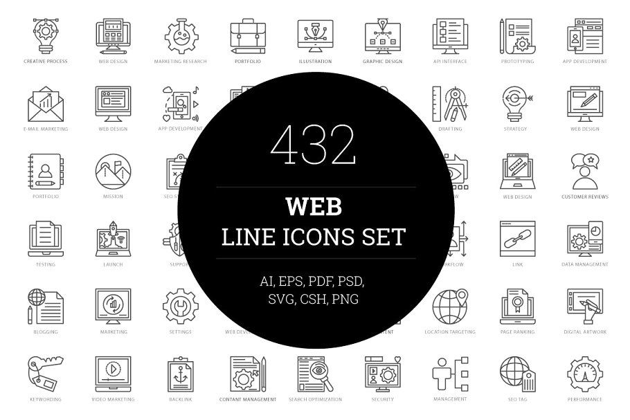 432个互联网领域Web线条图标 432 Web Line Icons
