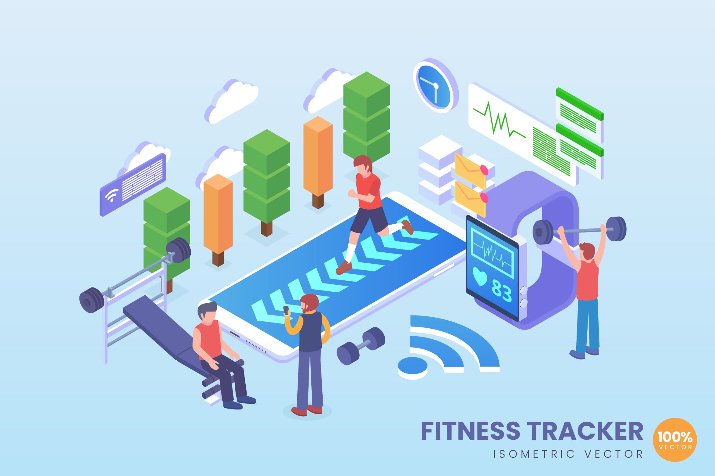 健身场景适配跟踪器2.5D矢量等距概念插画 Isometric Fitness Tracker Vector Concept