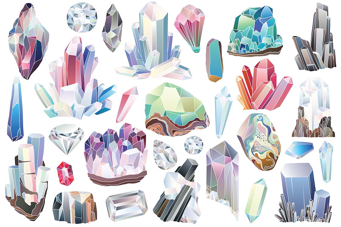 29款手绘钻石水晶宝石类矢量插画 29 Crystals, Gems & Diamonds Clipart