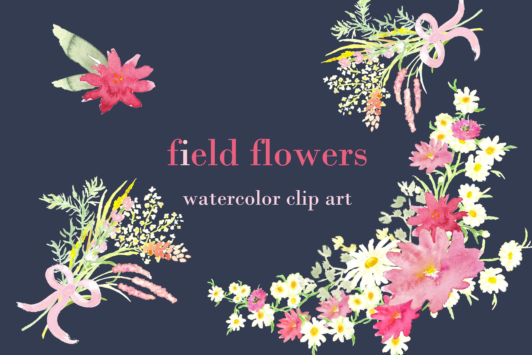 手绘水彩白色雏菊野花剪贴画 Field Flowers watercolor clip art