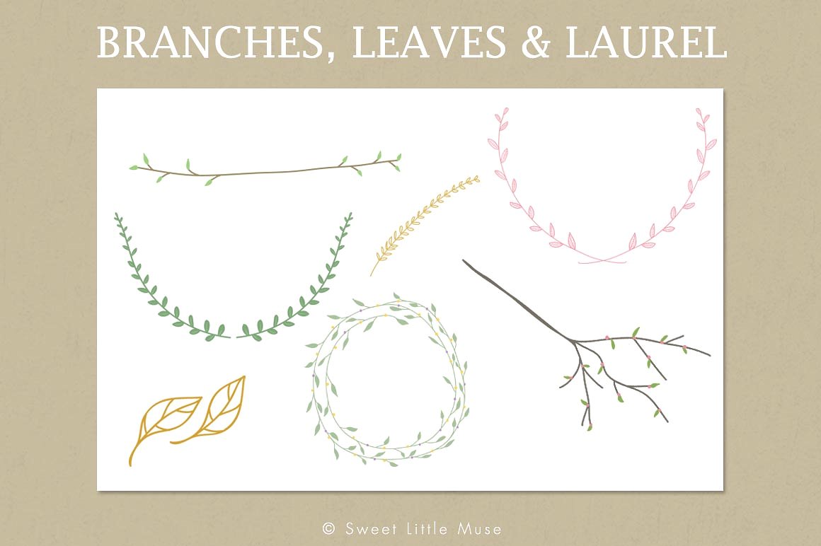 文艺清新手绘树枝插画合集 Clip Art Branches, Leaves & Laurel