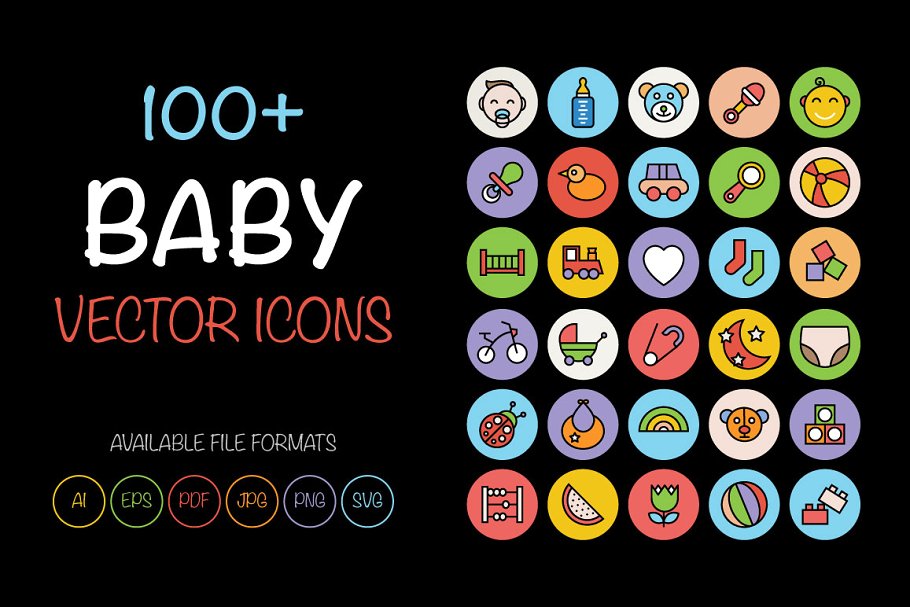 100+婴儿主题彩色矢量图标素材 100+ Baby Colored Vector Icons