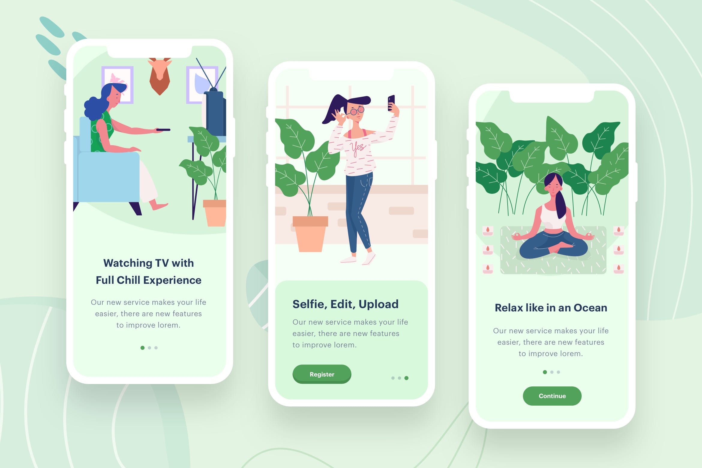 女性时尚生活APP应用启动页概念插画素材 Women’s Behaviour Illustration