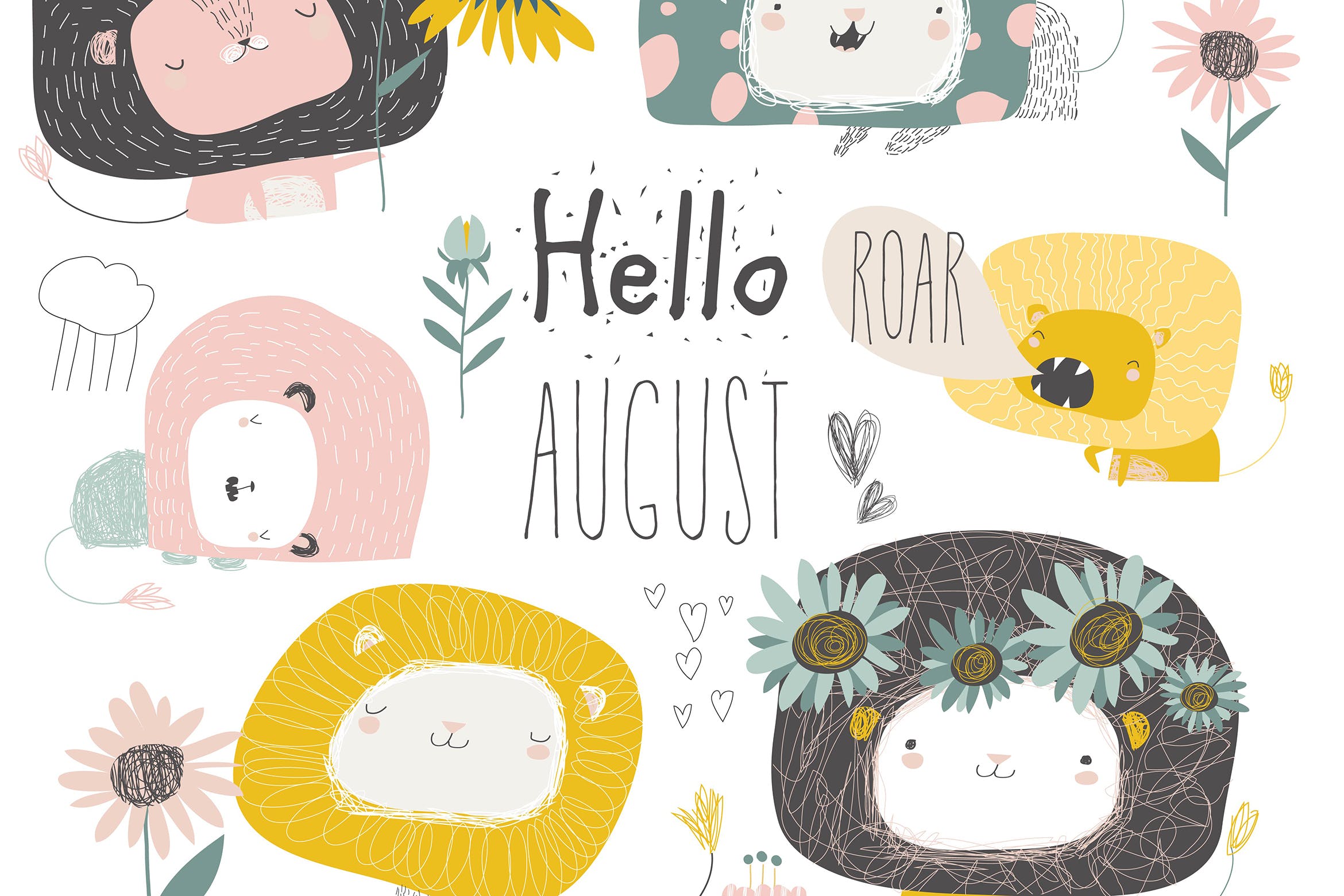 卡通可爱狮子与花卉秋天主题矢量插画素材 Vector set of cute lions and flowers. Hello august
