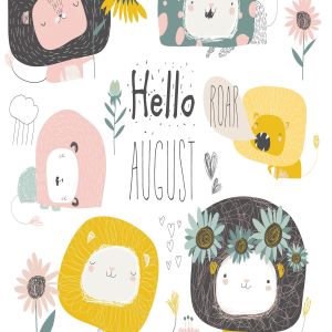 卡通可爱狮子与花卉秋天主题矢量插画素材 Vector set of cute lions and flowers. Hello august
