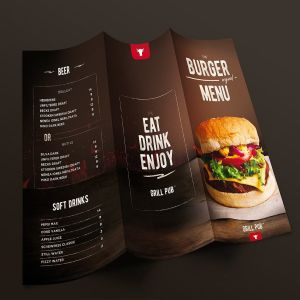 西式快餐汉堡三折页菜单PSD模板 Burger Menu Trifold