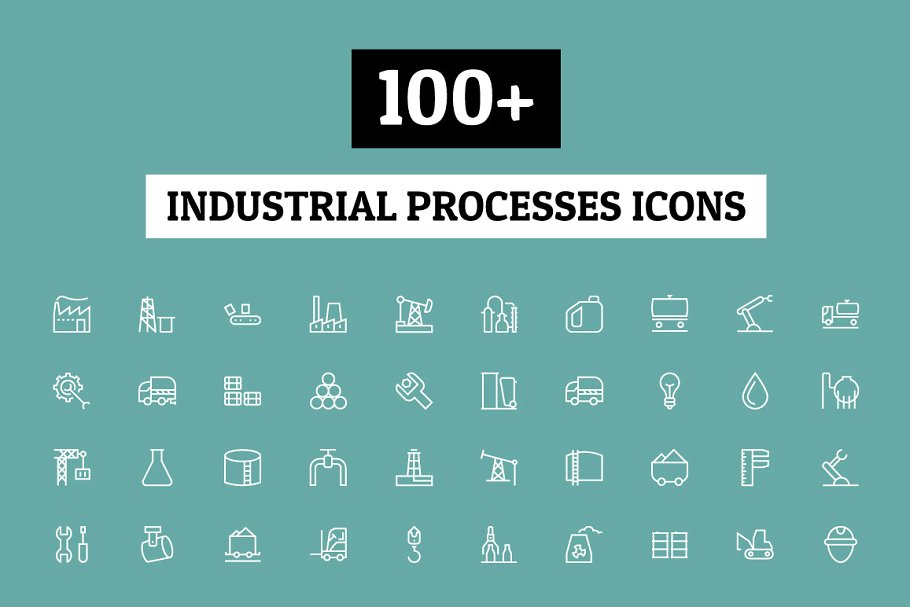 100+工业项目流程工具图标 100+ Industrial Processes Icons