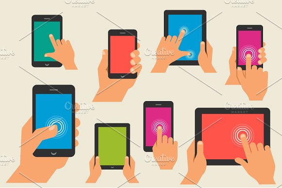 10个矢量手持智能手机和电脑插画 Hand holding smart phone & computers