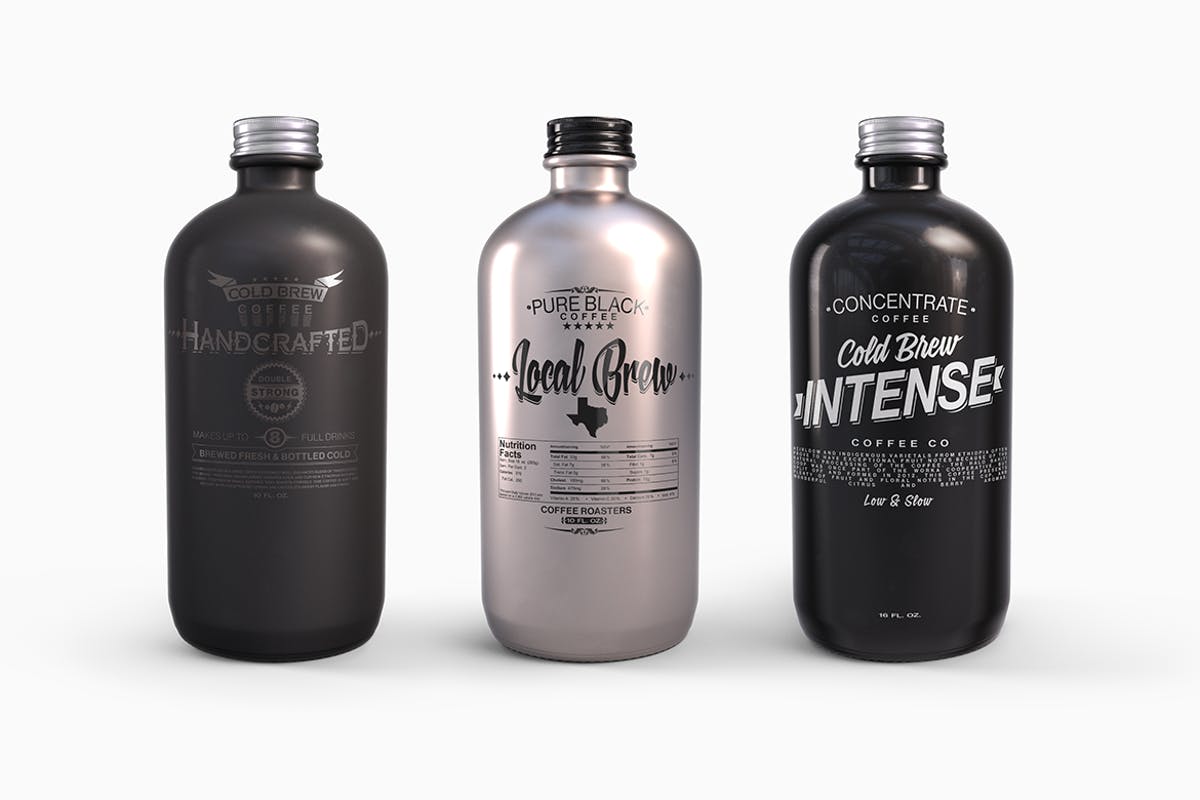 塑料金属啤酒圆瓶酒瓶外观设计样机模板 Plastic Metal Boston Round Bottles Mockup