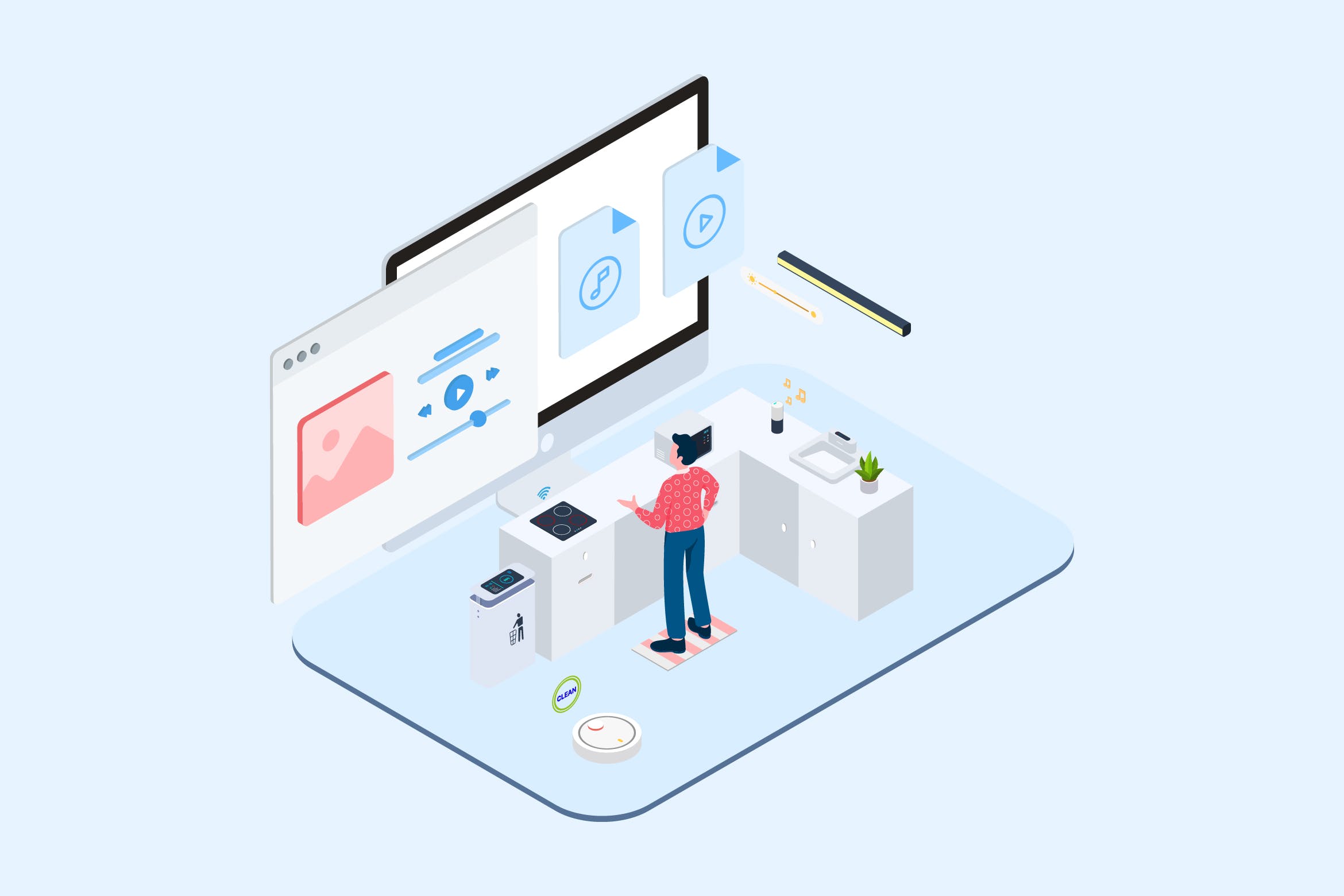 家庭智能音箱主题场景2.5D等距概念矢量插画v3 Smart Echo Isometric Illustration – T2