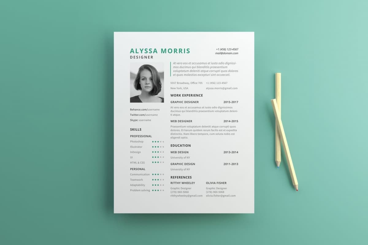 简约清新实用型简历模板 Clean Resume CV Template Free for Illustrator