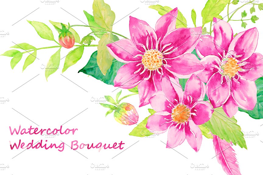 婚礼请柬、结婚贺卡水彩大丽菊花束剪贴画  Watercolor Wedding Dahlia Bouquet