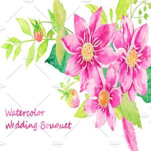 婚礼请柬、结婚贺卡水彩大丽菊花束剪贴画  Watercolor Wedding Dahlia Bouquet