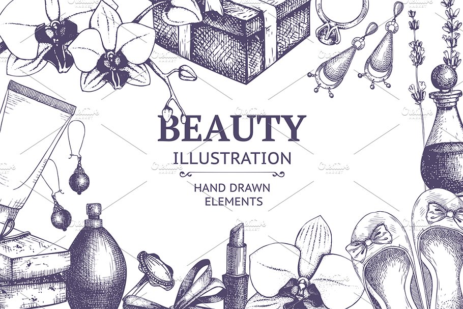 复古墨水手绘时尚女性单品插图Vector Beauty & Fashion Set