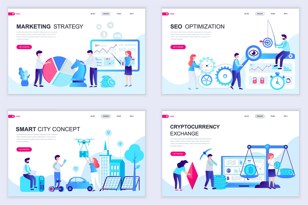 扁平设计风格场景概念插画网站着陆页设计模板v5 Set of Landing Page Templates Flat Concept