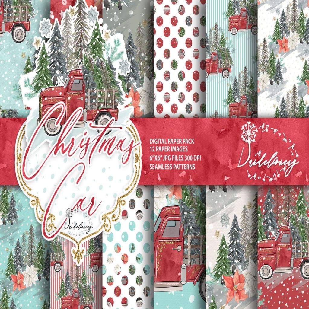 圣诞节礼物卡车数码纸张背景素材christmas Car Digital Paper Pack 一流设计网