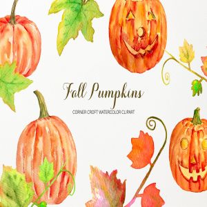 水彩南瓜手绘插画剪贴画PNG素材 Watercolor Pumpkins Clipart