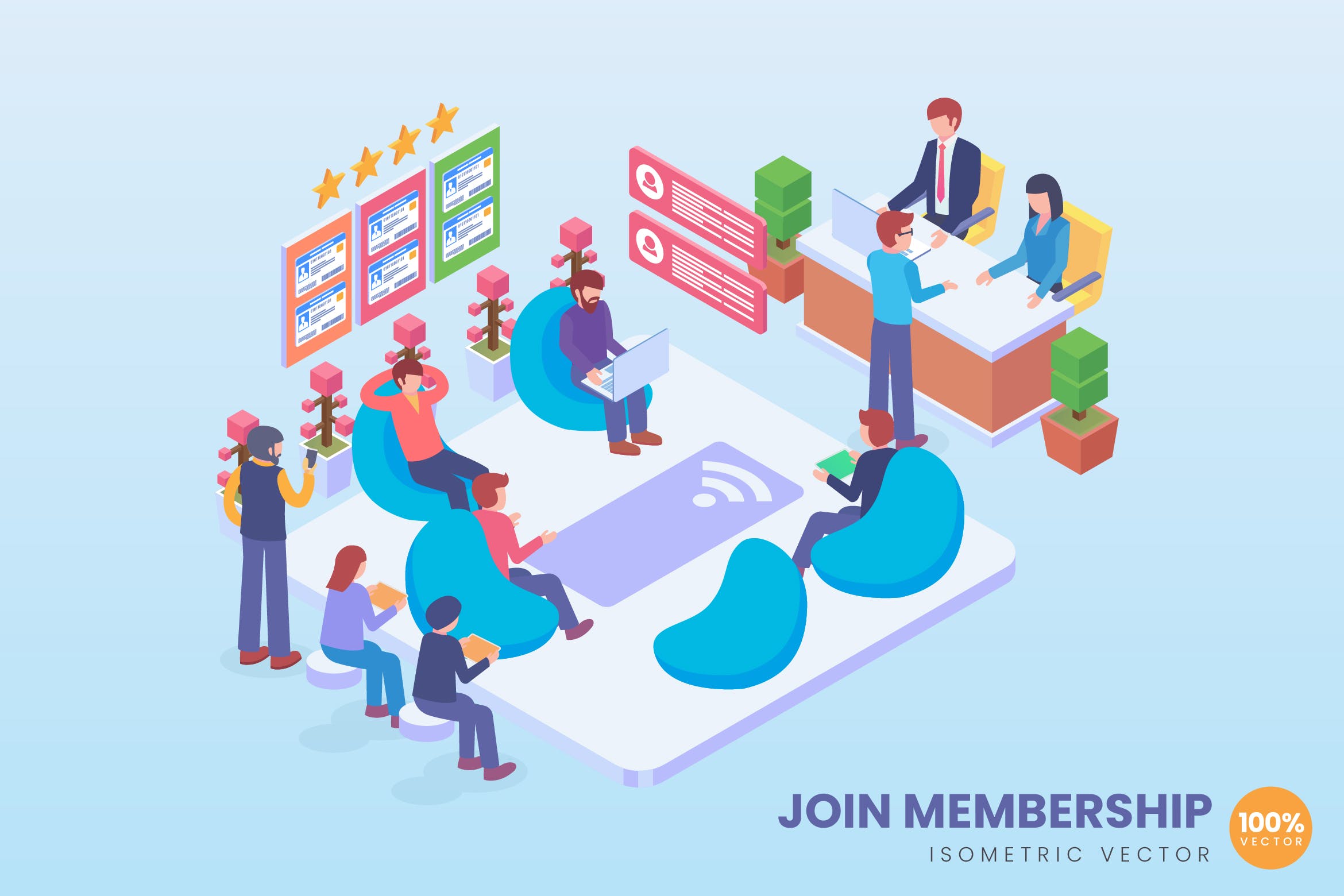 VIP会员场景2.5D矢量等距概念插画 Isometric Join Membership Vector Concept