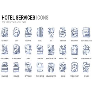 酒店服务主题线性图标矢量图标素材 Hotel Service Thin Line Icons