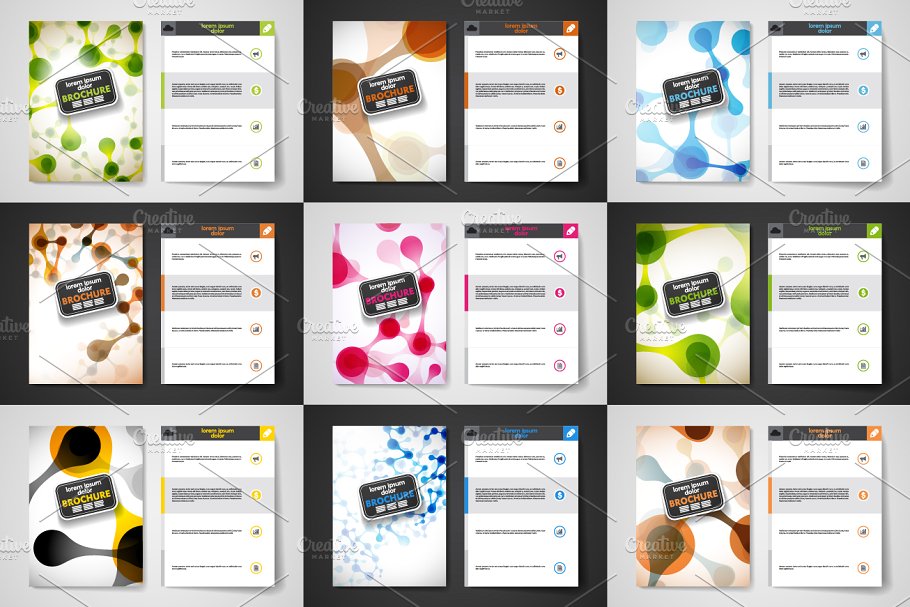 抽象分子结构画册手册模板 Set of brochures in molecule style