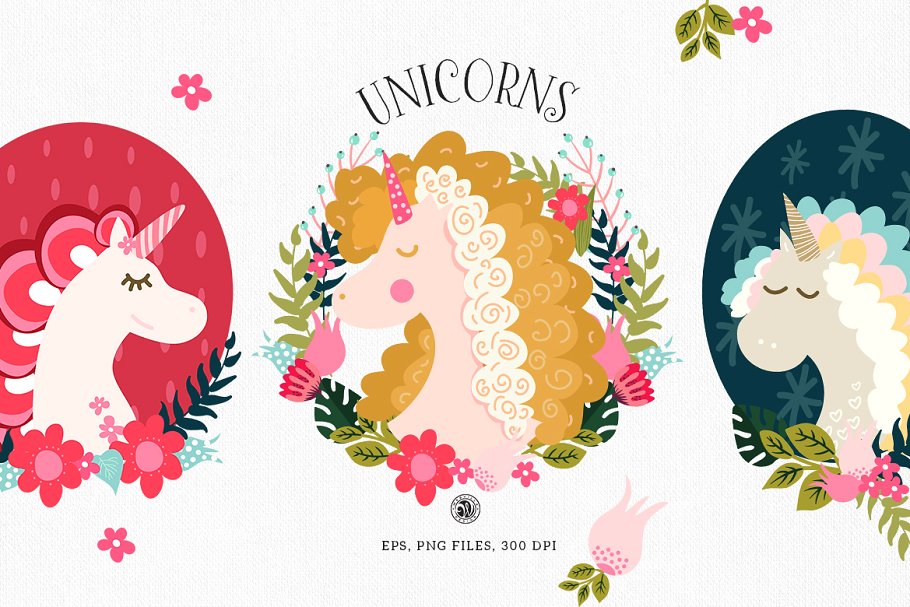 手绘矢量女性化独角兽剪贴插画 Unicorns – cliparts and patterns