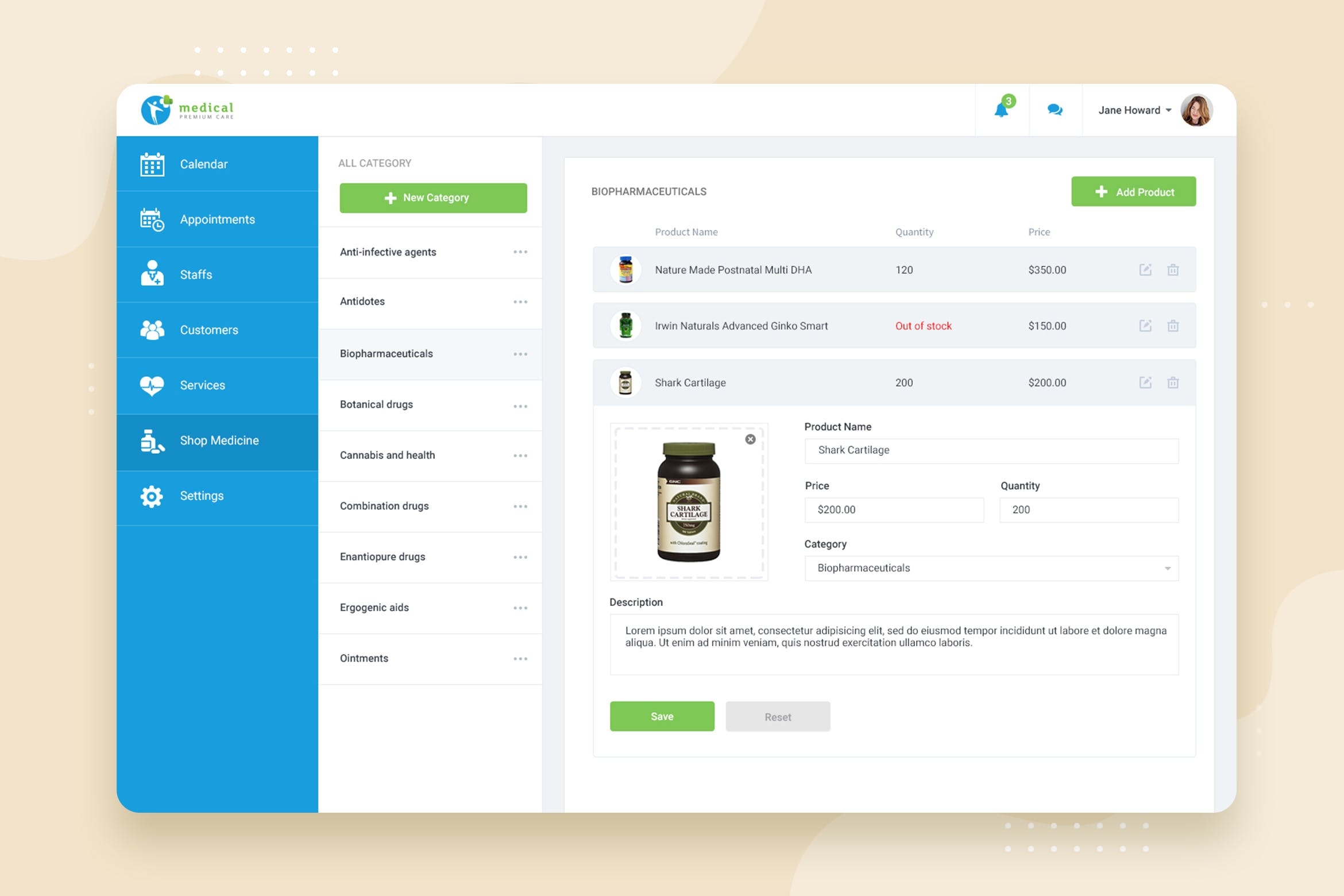 互联网+医院CRM系统后台药物管理界面UI设计PSD模板 Shop Medicine – CRM booking Web-based UI design