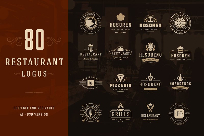80款西餐厅品牌Logo和徽标模板 80 Restaurant Logotypes and Badges