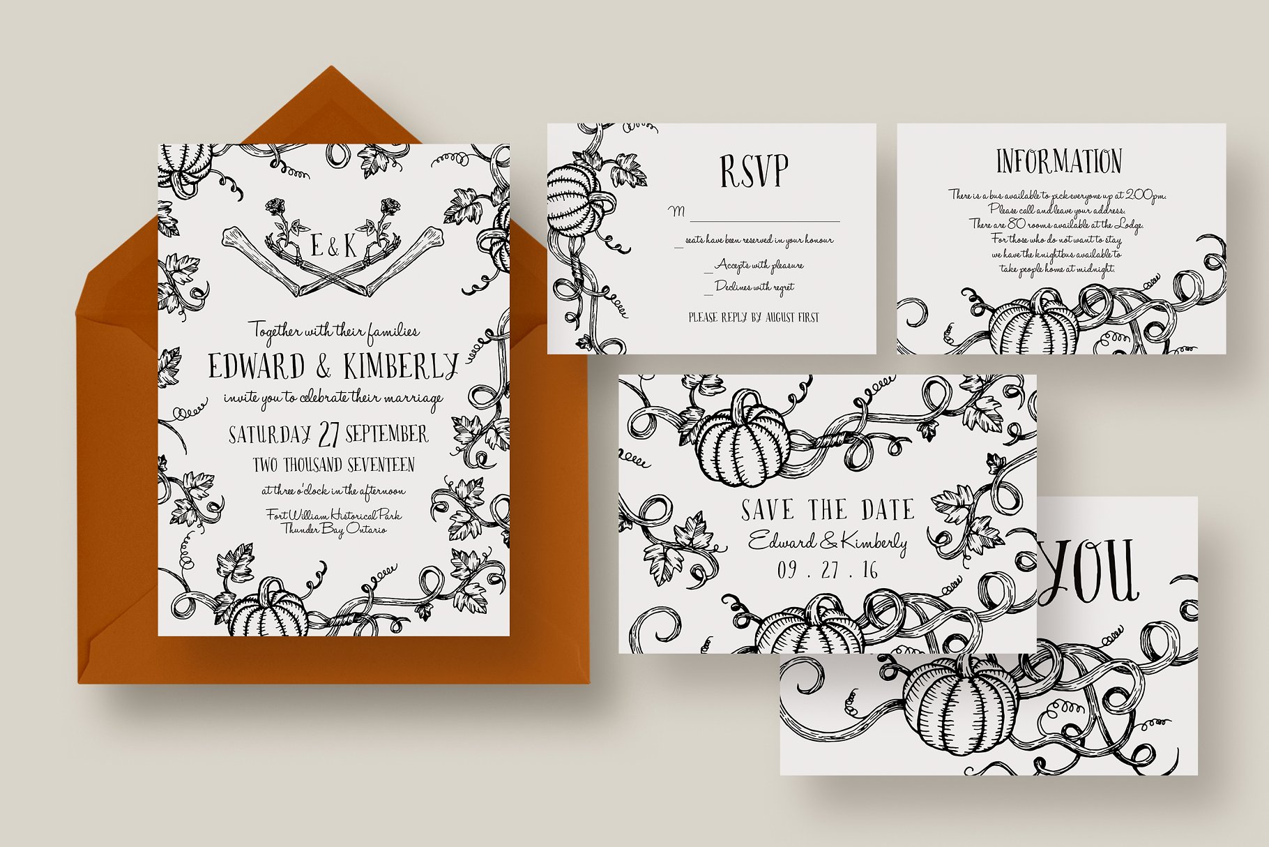 万圣节南瓜婚礼邀请函模板套装 Halloween Pumpkin Wedding Suite