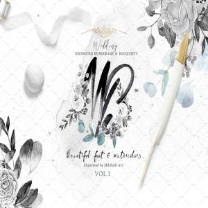 灰色字母&花卉水彩套装 Monograms & bouquets vol.1 Artarian