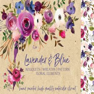 薰衣草色与蓝色水彩花卉剪贴画 Lavender & Blue Watercolor Flowers