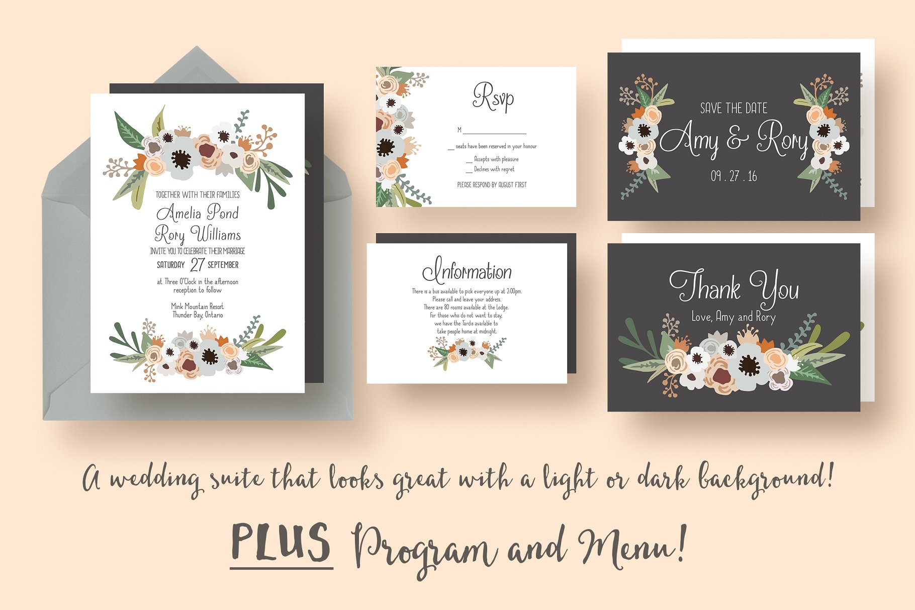 现代花卉婚礼邀请函模板套装 Modern Floral Wedding Suite