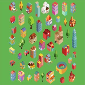 多彩等距离建筑建筑物场景矢量插画v2 Colorful vector isometric buildings