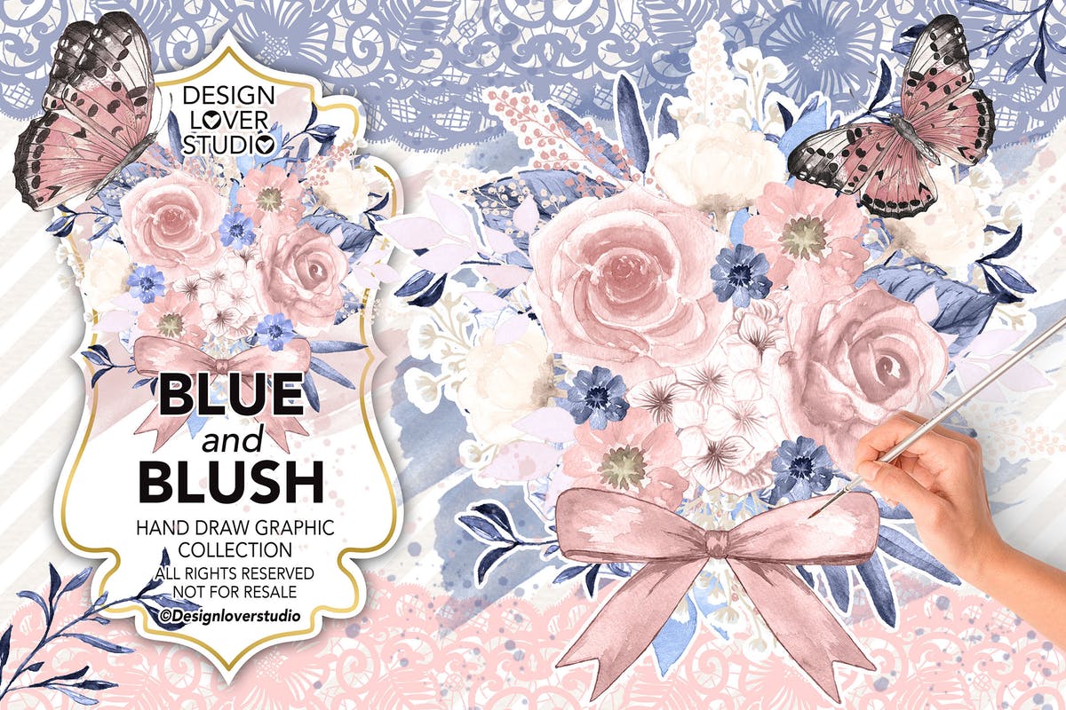 蓝色&腮红水彩花卉插画设计素材 Watercolor BLUE and BLUSH design