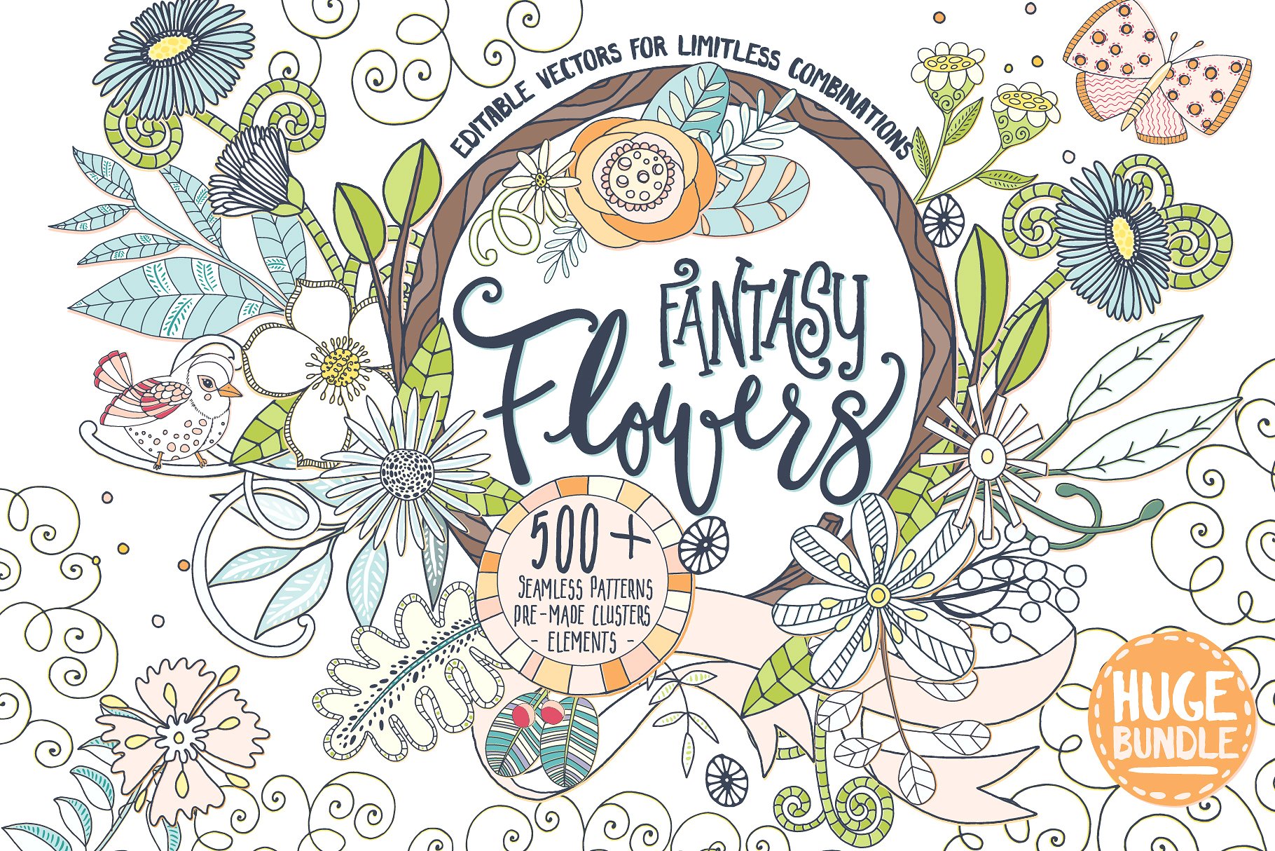 梦幻繁花似锦水彩手绘花卉蝴蝶树叶矢量图形 Fantasy Flowers, Floral Wreaths