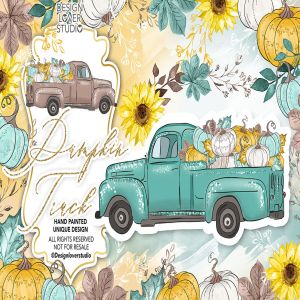 感恩节主题风格南瓜卡车手绘图案背景素材 Thanksgiving car design