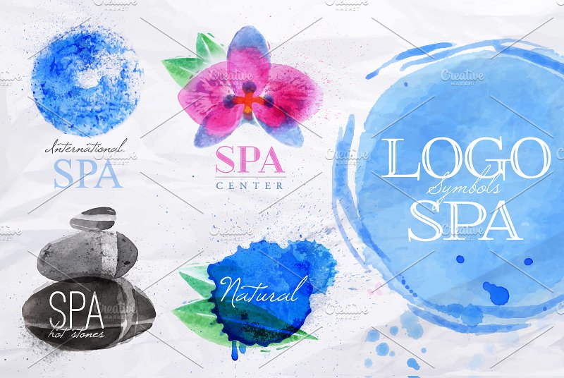 美容水疗标志水彩模板素材 Set symbols spa