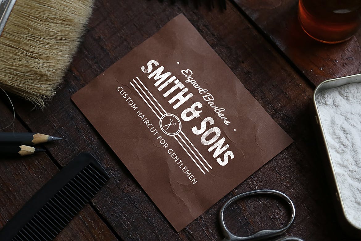 时尚高端的酷酷的理发店VI样机展示模型mockups