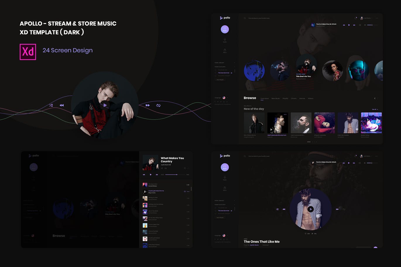 流媒体在线音乐网站UI设计XD模板 Stream & Store Music XD Template ( Dark version )