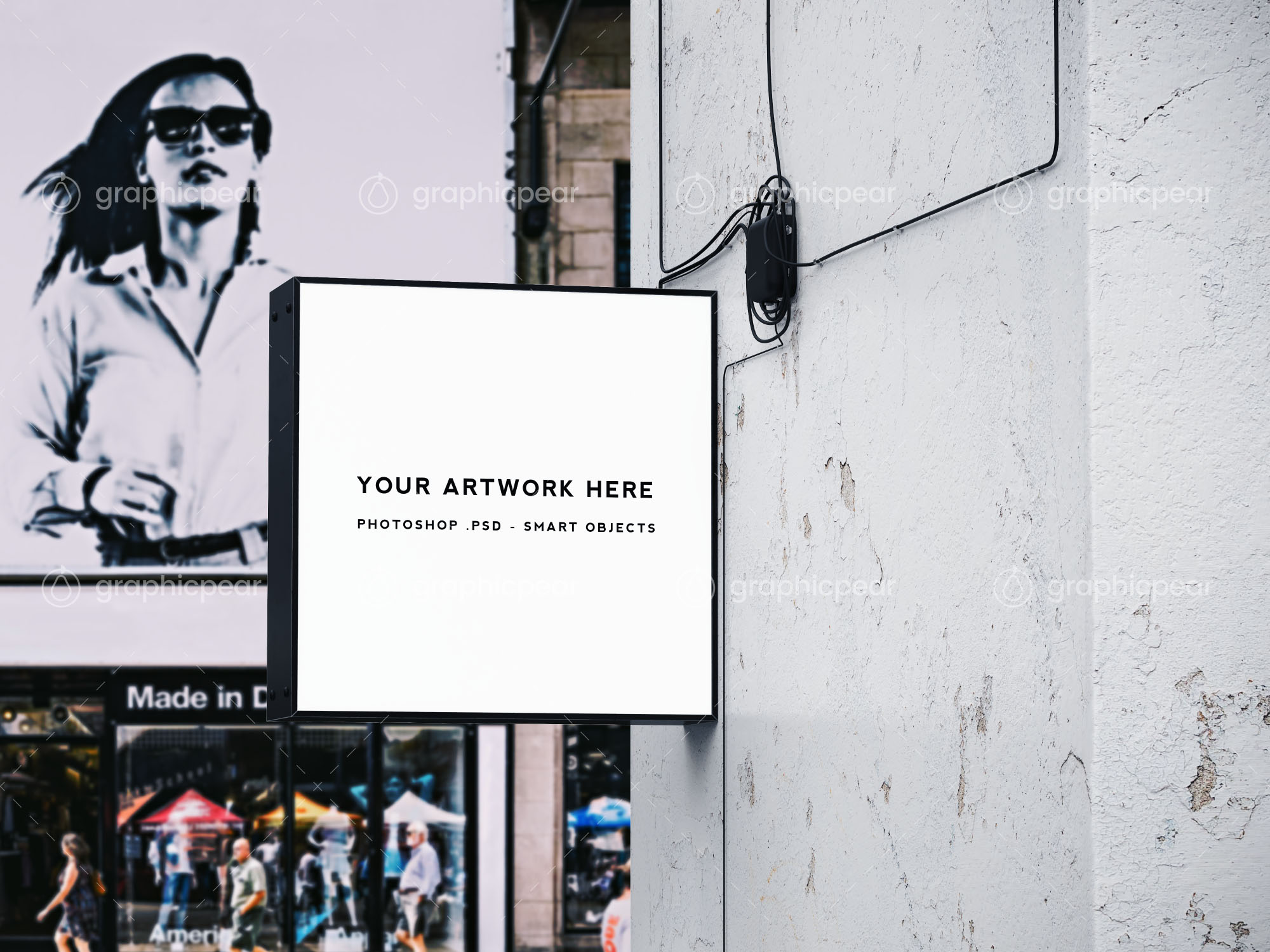 方形灯箱广告牌/店招效果图样机模板 Square Shop Sign Mockup